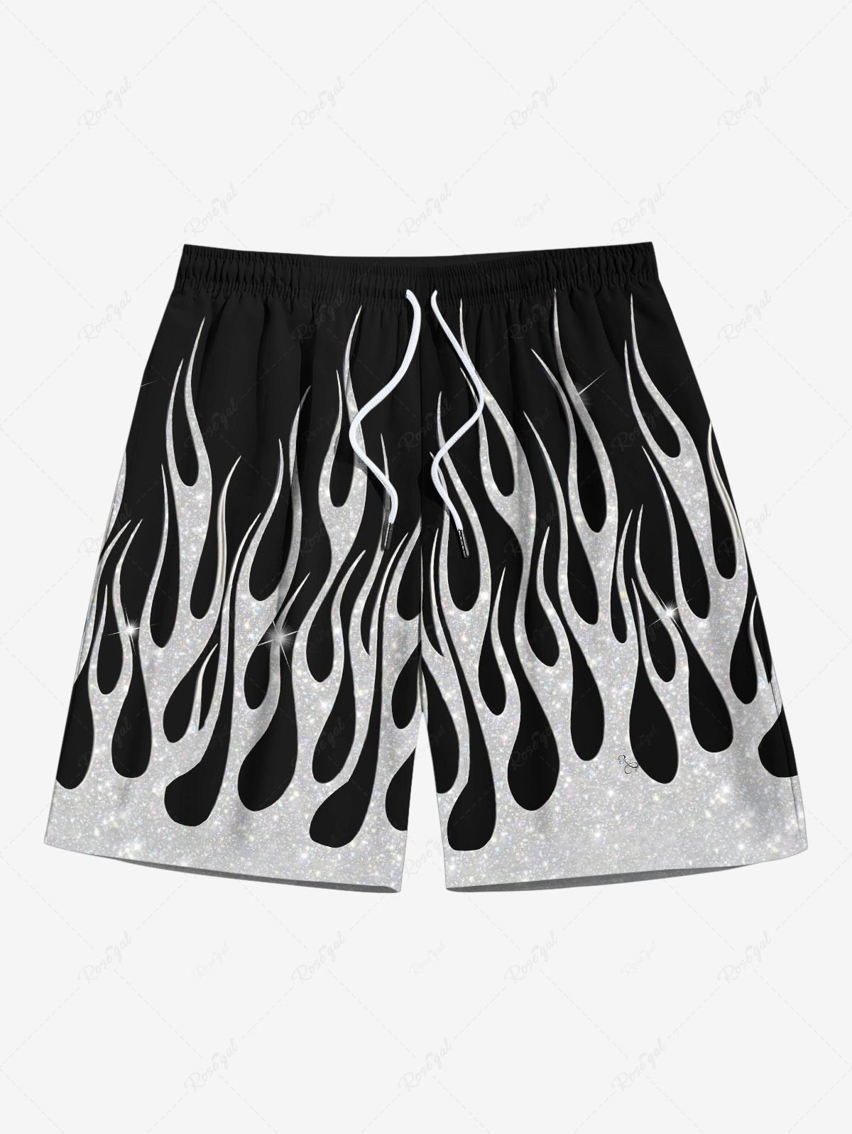 Unique Plus Size Glitter Fire Flame Print Hawaii Drawstring Beach Shorts For Men  