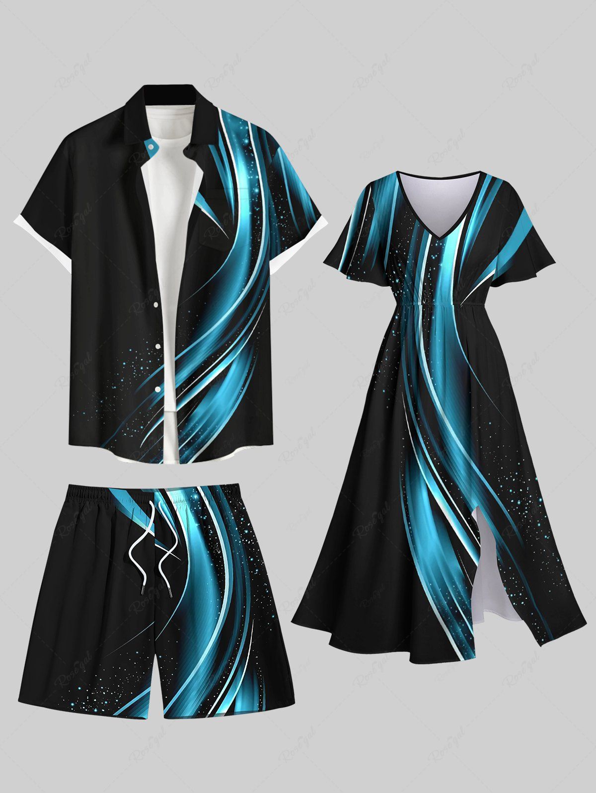 Outfit Galaxy Glitter Light Beam 3D Print Plus Size Matching Hawaii Beach Outfit For Couples  