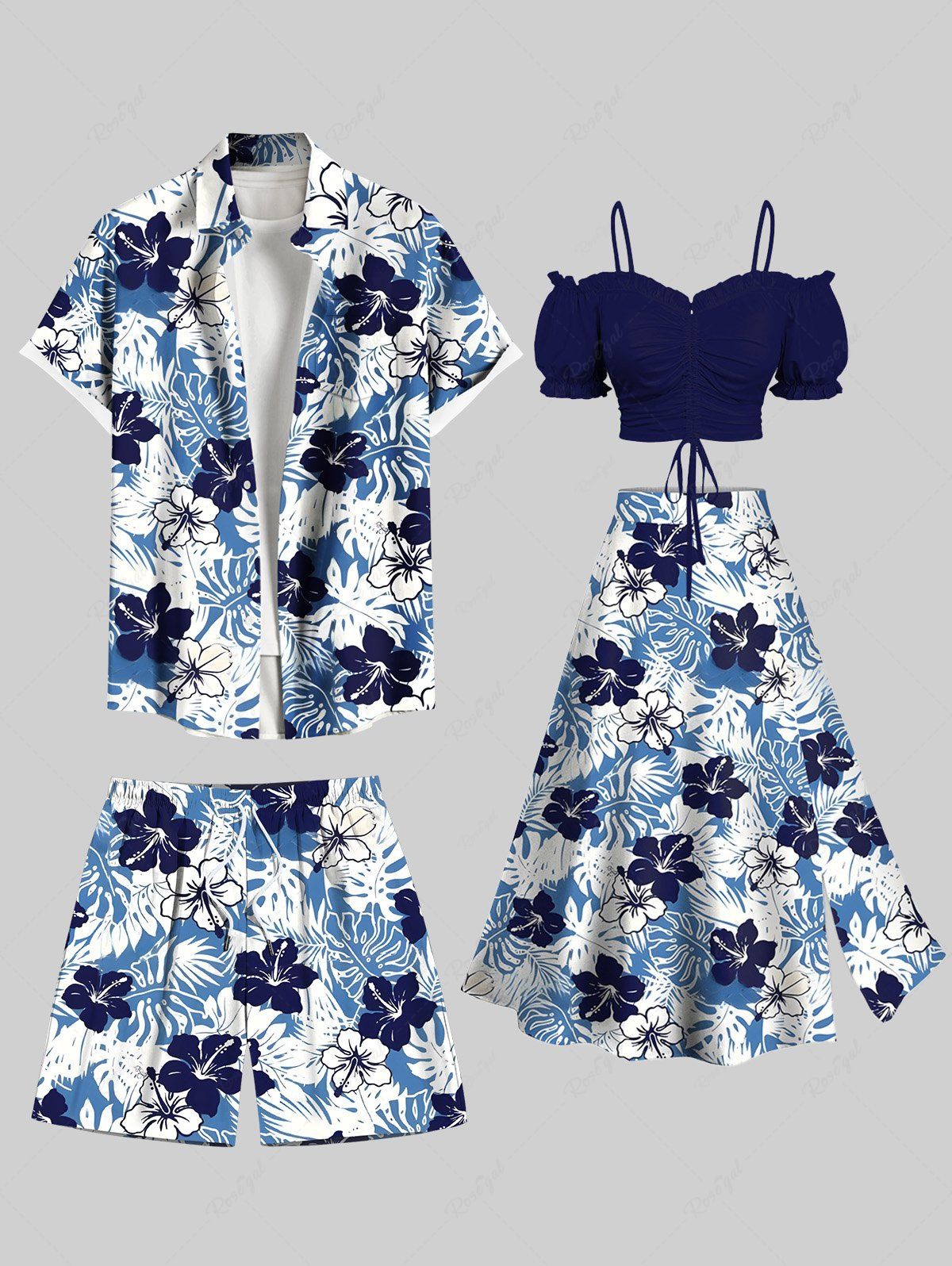Tenue de plage hawaïenne assortie grande taille à imprimé feuilles tropicales et fleurs d'hibiscus pour couples Bleu 