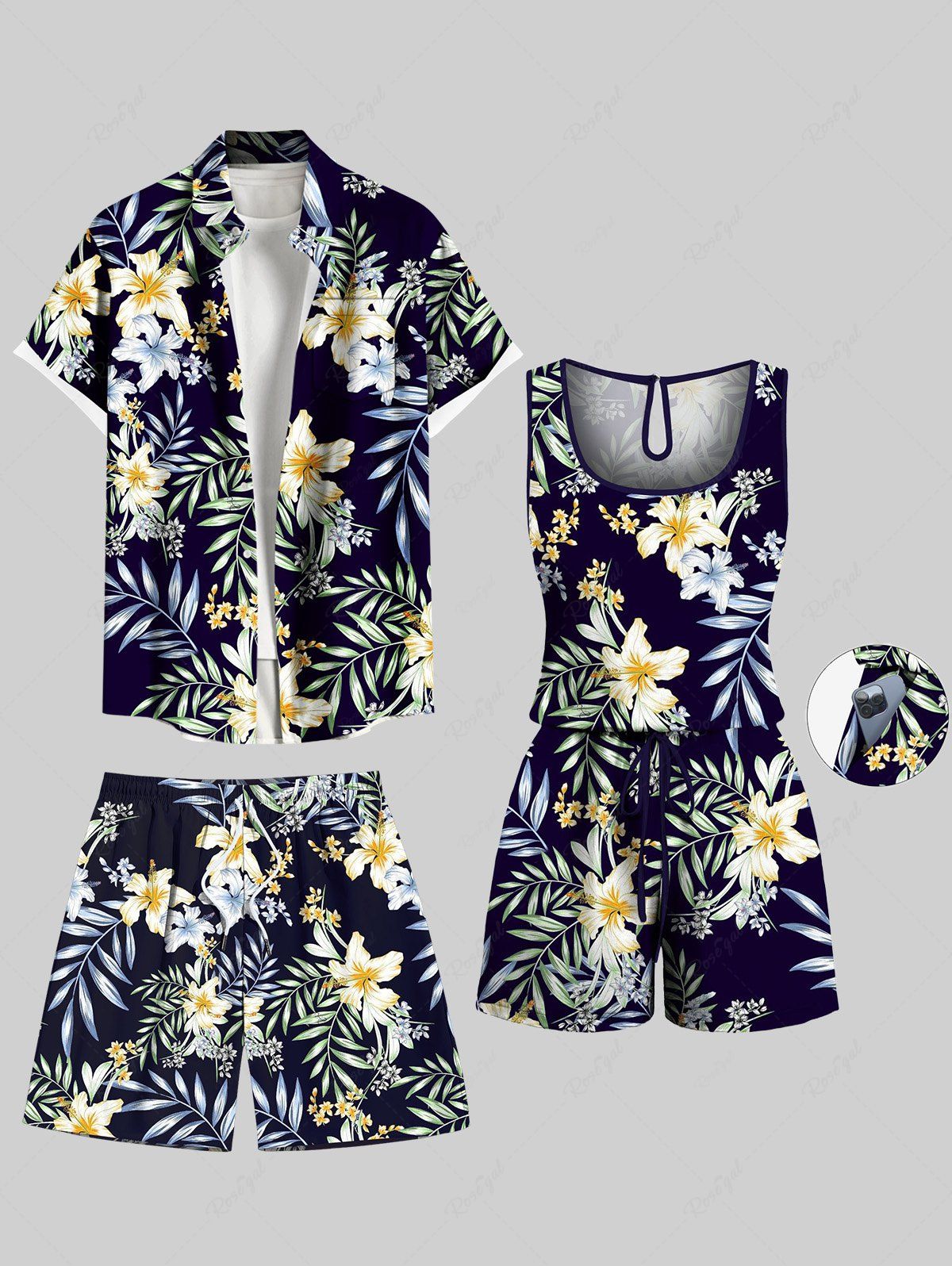 Online Matching Hawaii Shirt Shorts and Romper Plus Size Beach Outfit Tropical Leaves Hibiscus Print For Couples  