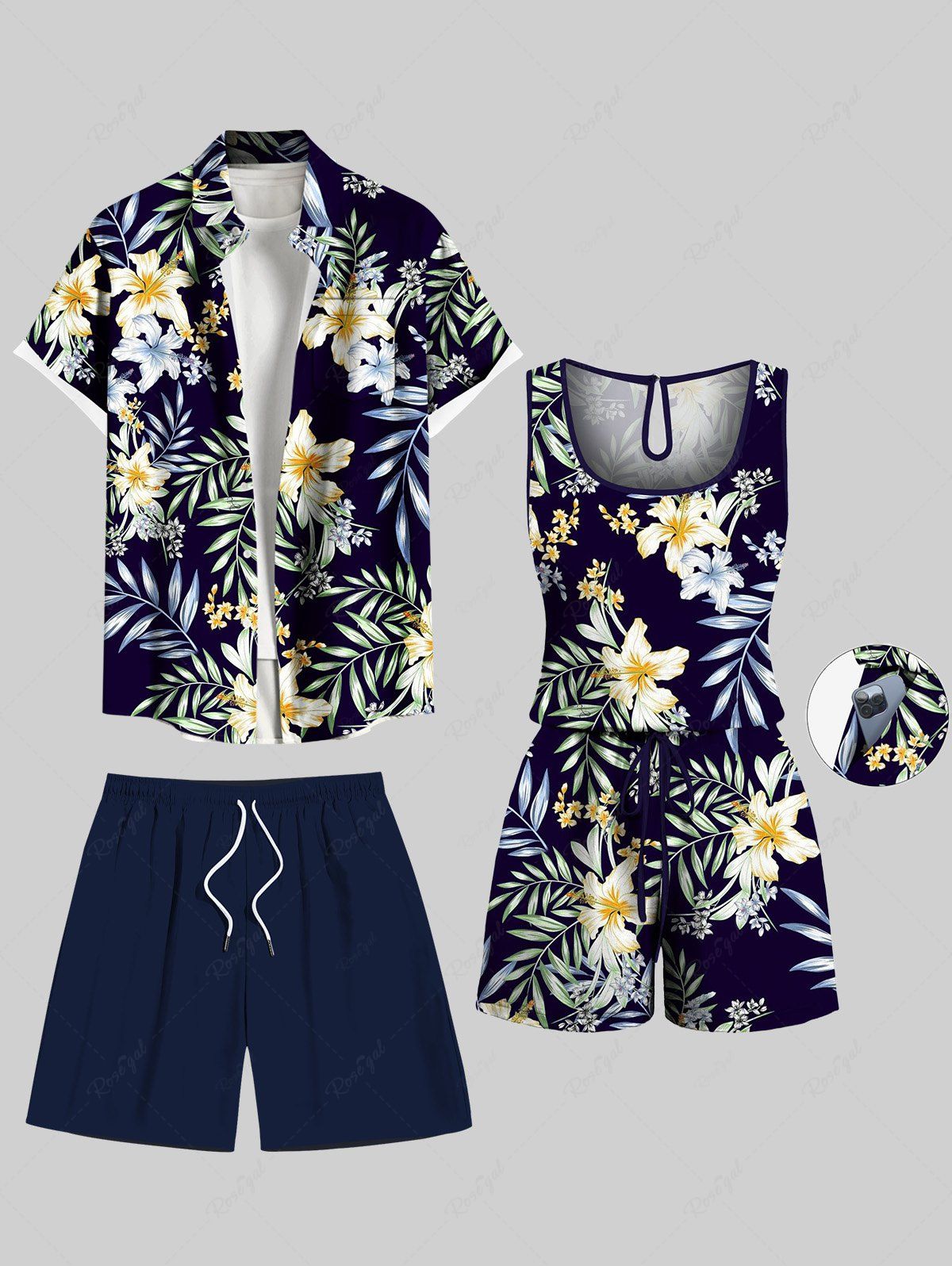 Latest Matching Hawaii Shirt Shorts and Romper Plus Size Beach Outfit Lily Flower Leaf Branch Print For Couples  