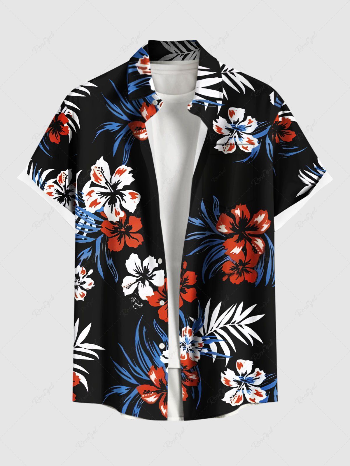 Fashion Plus Size Tropical Leaves Hibiscus Floral Print Hawaii Button Pocket Shirt For Men  