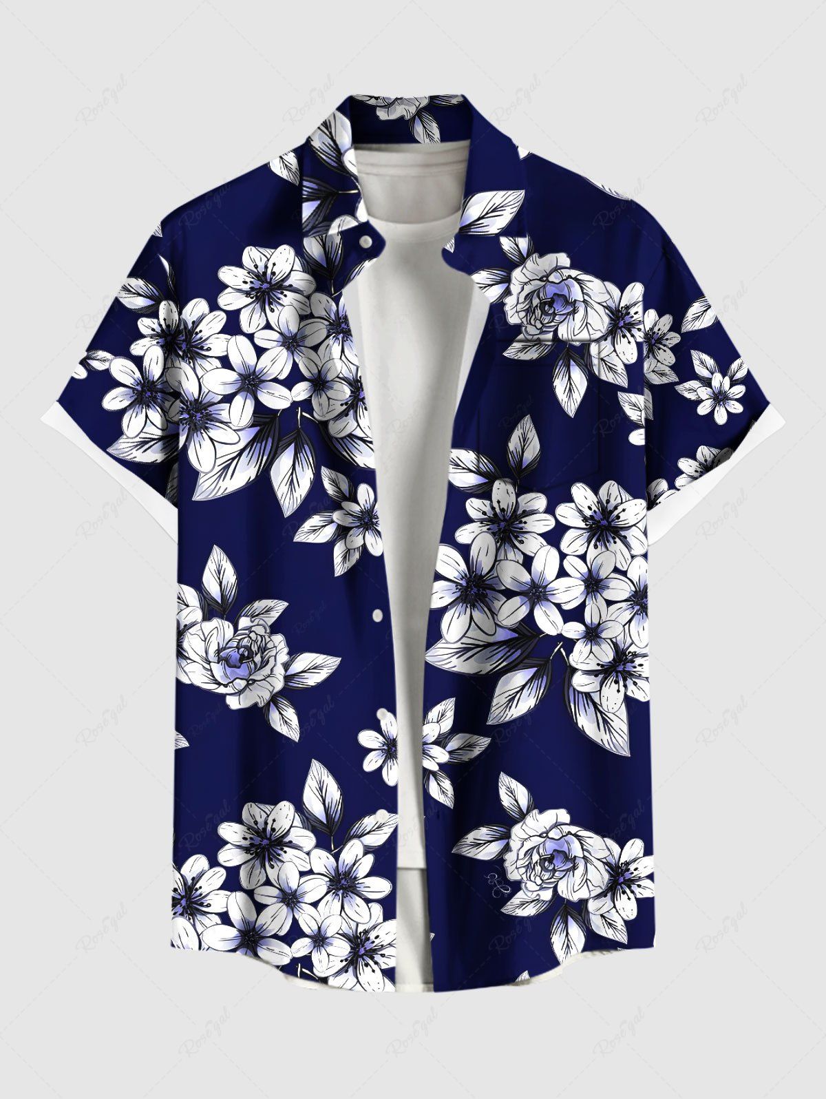Outfit Plus Size Ombre Floral Leaves Print Hawaii Button Pocket Shirt For Men  