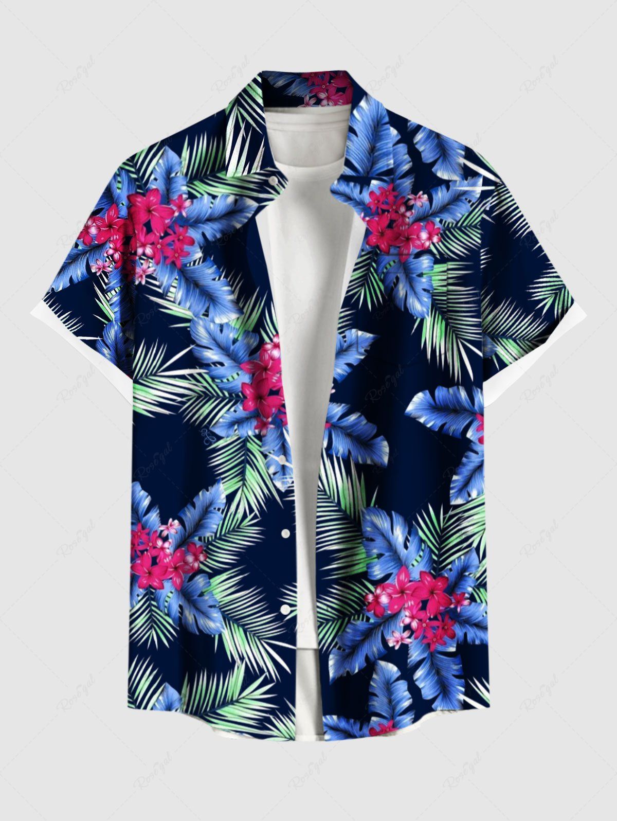 Shop Plus Size Coconut Tree Tropical Leaf Flower Print Hawaii Button Pocket Shirt For Men  