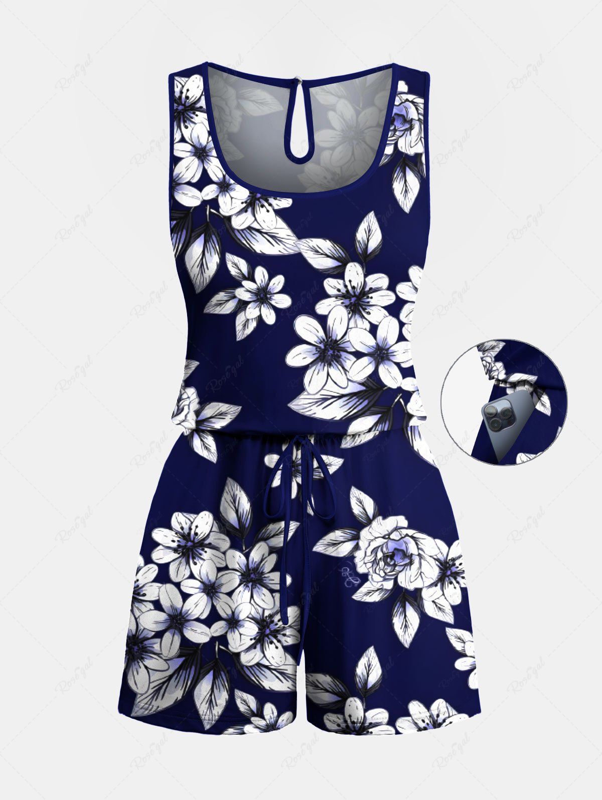 Barboteuse Hawaiienne Imprimé à Feuilles et Fleurs avec Poche Grande Taille Bleu de Minuit L