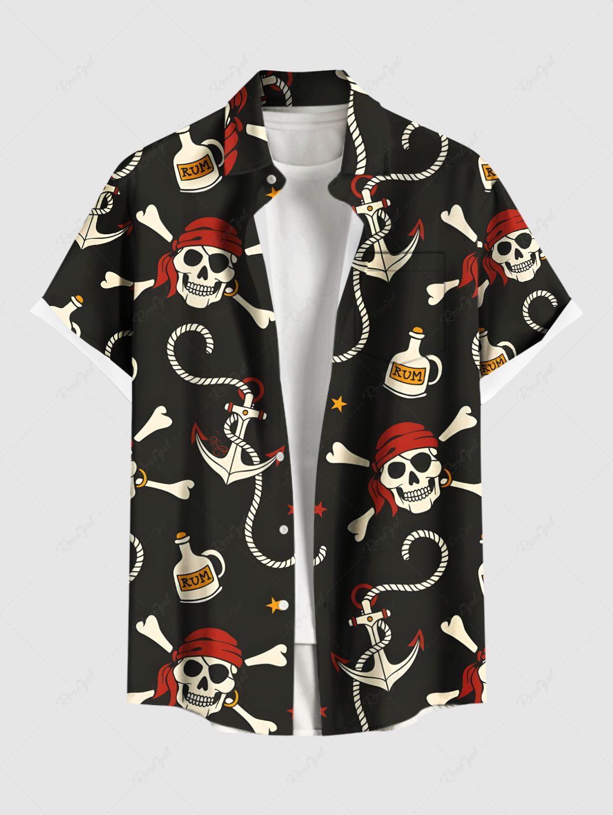 Best Plus Size Skull Pirate Anchor Rope Print Hawaii Button Pocket Shirt For Men  