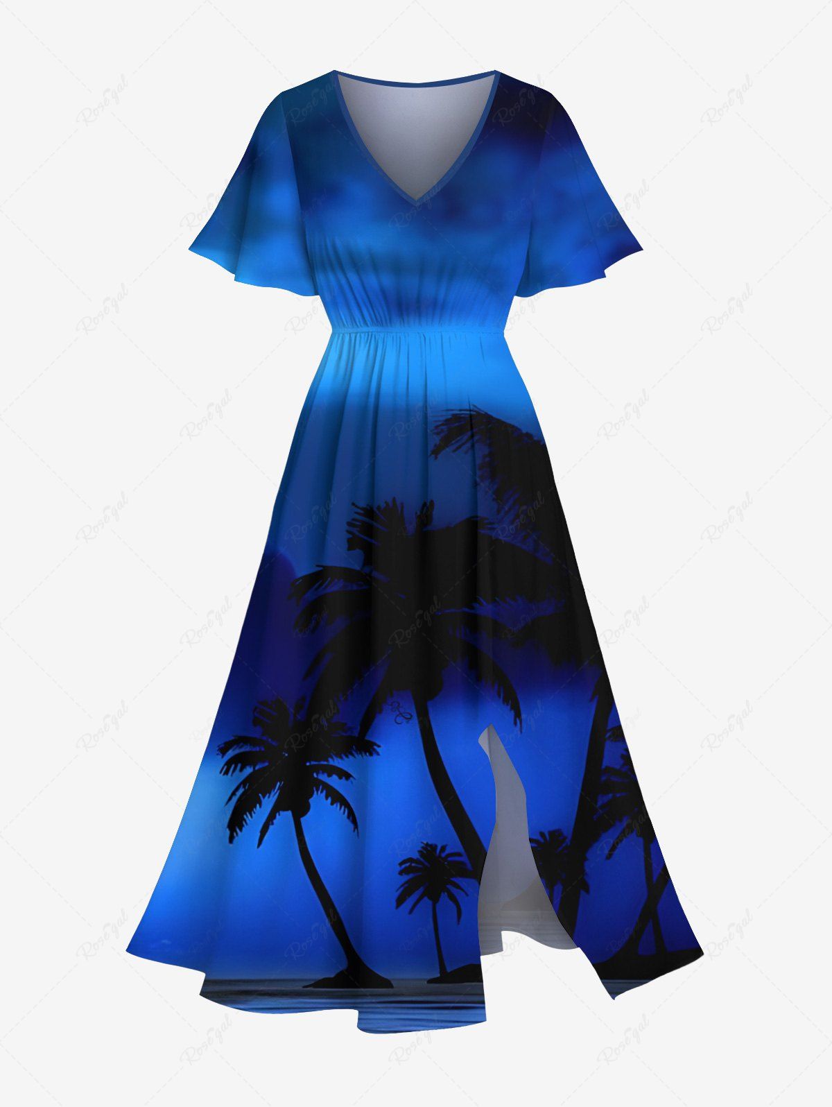 Sale Plus Size Coconut Tree Ombre Print Hawaii Split Pocket A Line Midi Dress  