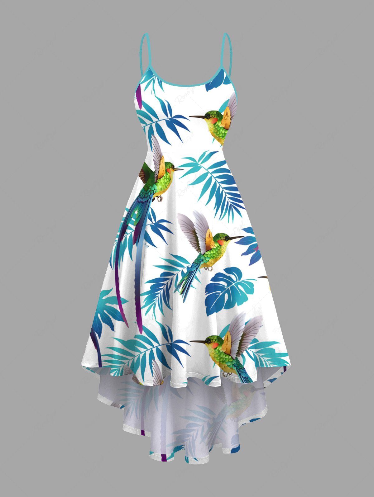 Affordable Plus Size Tropical Leaves Parrot Bird Print Hawaii High Low Asymmetric Cami Dress  