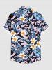 Plus Size Tropical Leaf Hibiscus Flowers Print Buttons Pocket Hawaii Shirt For Men -  