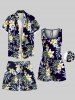 Plus Size Tropical Leaves Hibiscus Flower Print Hawaii Drawstring Beach Shorts For Men -  