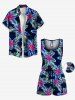 Plus Size Coconut Tree Tropical Leaf Flower Print Hawaii Drawstring Pocket Romper -  