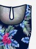 Plus Size Coconut Tree Tropical Leaf Flower Print Hawaii Drawstring Pocket Romper -  