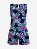 Plus Size Coconut Tree Tropical Leaf Flower Print Hawaii Drawstring Pocket Romper -  