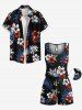 Plus Size Tropical Leaves Hibiscus Floral Print Hawaii Drawstring Pocket Romper -  