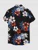 Plus Size Tropical Leaves Hibiscus Floral Print Hawaii Button Pocket Shirt For Men -  