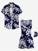 Barboteuse Hawaiienne Imprimé à Feuilles et Fleurs avec Poche Grande Taille - Bleu de Minuit 3X