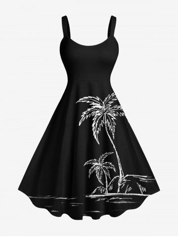 Plus Size Coconut Tree Seascape Print Hawaii Tank Dress - BLACK - XS