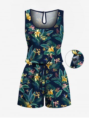 Plus Size Tropical Leaf Hibiscus Flower Print Cinched Hawaii Romper - BLACK - XS