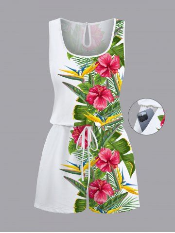Plus Size Tropical Leaf Hibiscus Flower Print Cinched Hawaii Romper - WHITE - XXS