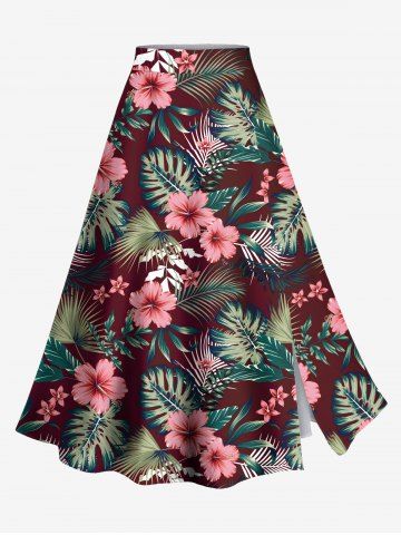 Plus Size Tropical Leaf Hibiscus Flower Print Split Hawaii Skirt - RED - S
