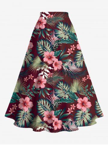 Plus Size Tropical Leaf Hibiscus Flower Print Split Hawaii Skirt