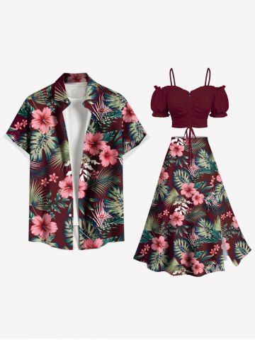 Plus Size Tropical Leaf Hibiscus Flower Print Split Hawaii Skirt