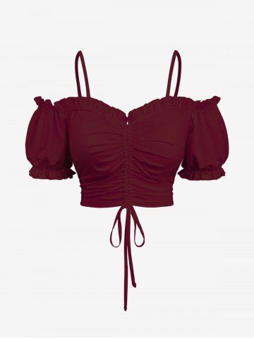 Plus Size Solid Color Ruffles Ruched Cinched Cold Shoulder Crop Top - DEEP RED - 1X