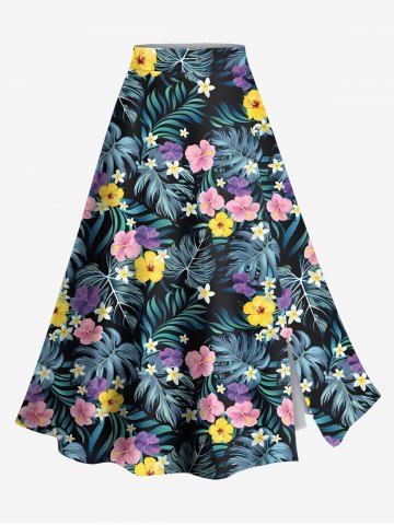 Plus Size Tropical Leaf Flowers Print Split Hawaii Skirt - BLACK - 1X