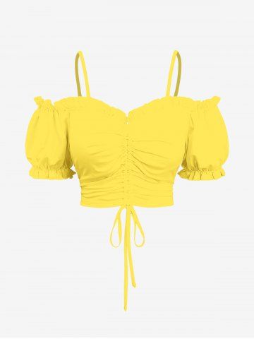 Plus Size Solid Color Ruched Cinched Ruffles Cold Shoulder Crop Top - YELLOW - 2X