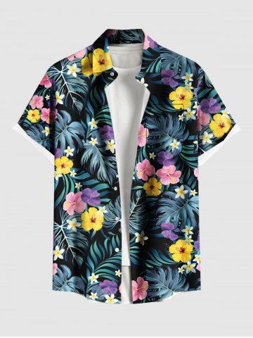 Plus Size Tropical Leaf Flowers Print Buttons Pocket Hawaii Shirt For Men - BLACK - 2XL