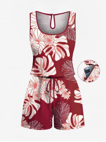 Plus Size Tropical Leaves Floral Print Hawaii Drawstring Pocket Romper - RED - 1X