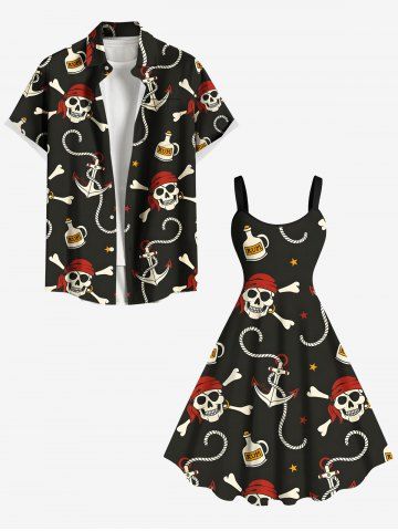 Skull Pirate Anchor Rope Print Plus Size Matching Outfit For Couples - BLACK