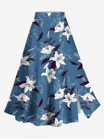 Plus Size Ombre Floral Leaves Print Hawaii Split A Line Skirt - BLUE - XS
