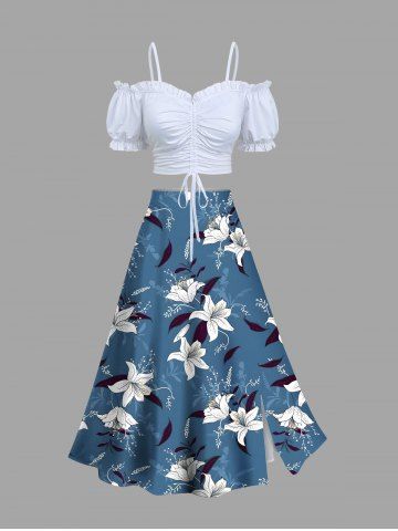 Cinched Solid Ruffles Cropped Top and Ombre Floral Leaves Print Hawaii Split A Line Skirt Plus Size Matching Set - WHITE