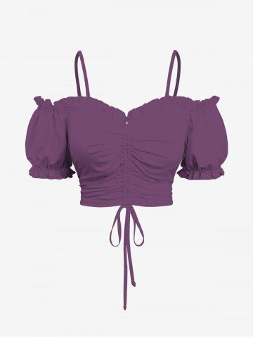 Plus Size Cold Shoulder Puff Sleeves Cinched Solid Ruffles Top - PURPLE - 4X