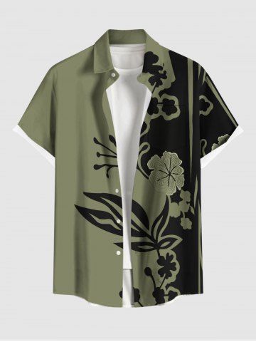 Plus Size Flower Branch Leaf Two Tone Print Hawaii Button Pocket Shirt For Men - DEEP GREEN - 6XL