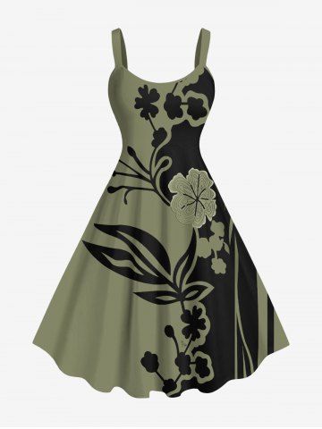 Plus Size Flower Branch Leaf Two Tone Print Hawaii A Line Tank Dress - DEEP GREEN - XS