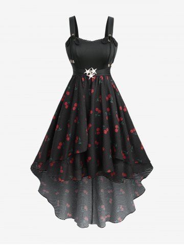 Cherry Print Starfish Buckle Lace Trim High Low Tank Dress - BLACK - XL