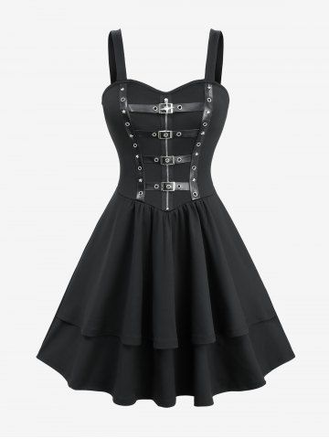Star Zipper PU Strap Grommet Buckle Layered A Line Tank Dress - BLACK - L