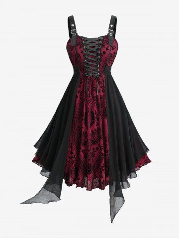 Plus Size Flower Flocking Lace Up Grommets Asymmetrical Tank Dress - BLACK - 5X | US 30-32