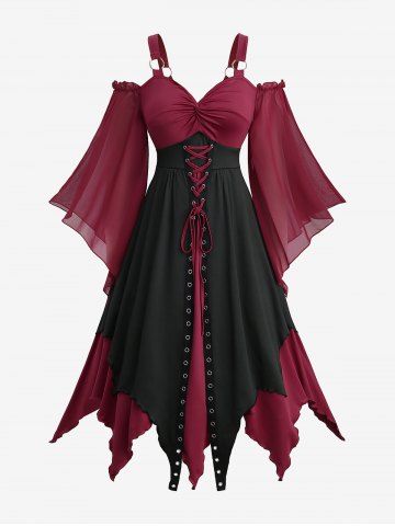 Plus Size Cold Shoulder Chiffon Flare Sleeves Twist Lace Up Grommet Two Tone Layered Asymmetric Vintage Dress - RED - 3X | US 22-24