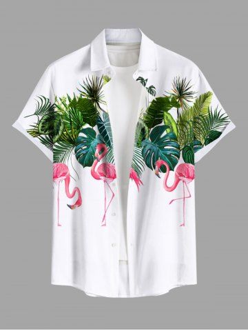 Plus Size Tropical Leaf Flamingo Print Hawaii Button Pocket Shirt For Men - WHITE - M