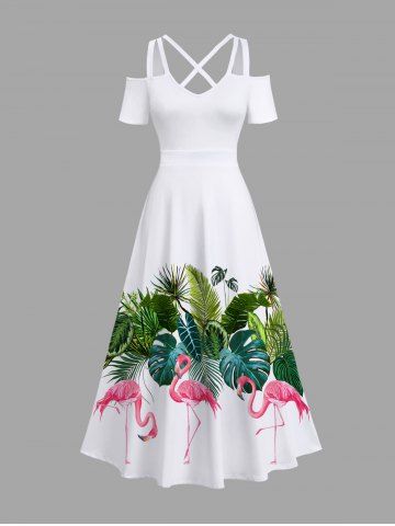 Plus Size Flamingo Tropical Leaf Print Hawaii Cold Shoulder Crisscross A Line Maxi Dress - WHITE - S