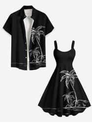 Tenue de plage hawaïenne assortie grande taille à imprimé paysage marin de cocotiers pour couples - Noir 
