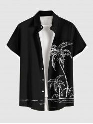 Chemise hawaïenne grande taille à boutons et poches, imprimé paysage marin et cocotiers, pour homme - Noir 4XL
