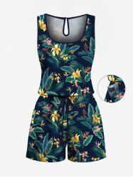 Combinaison hawaïenne cintrée grande taille à imprimé feuilles tropicales et fleurs d'hibiscus - Noir 2X