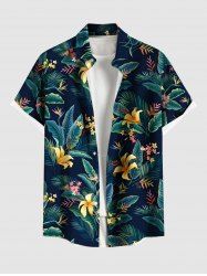 Plus Size Tropical Leaf Hibiscus Flower Print Buttons Pocket Hawaii Shirt For Men -  