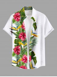 Plus Size Tropical Leaf Hibiscus Flower Print Buttons Pocket Hawaii Shirt For Men -  