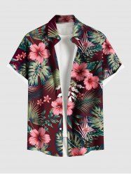Plus Size Tropical Leaf Hibiscus Flower Print Buttons Pocket Hawaii Shirt For Men -  