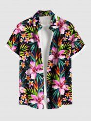 Plus Size Tropical Leaf Hibiscus Flower Print Buttons Pocket Hawaii Shirt For Men -  
